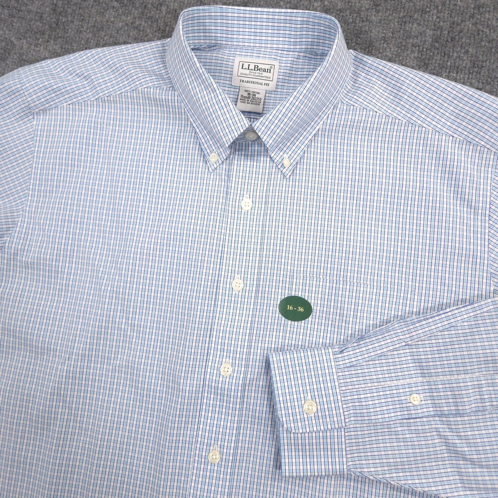 LL Bean Oxford Dress Shirt Mens 16-36 Blue White Tattersail Check Wrinkle-Free
